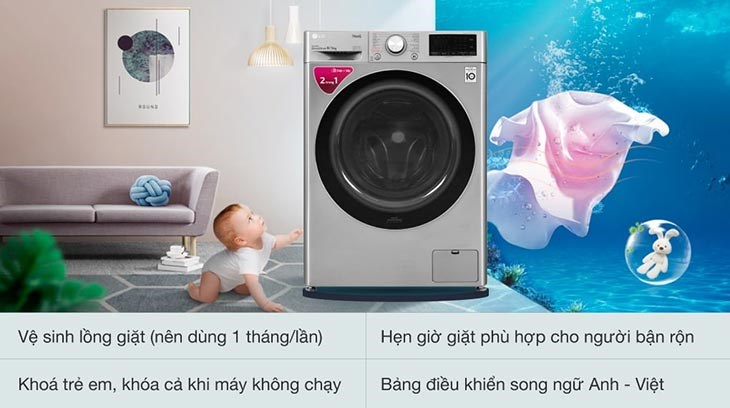 Máy giặt sấy LG Inverter 9 kg FV1409G4V có tính năng tự vệ sinh lồng giặt giúp vệ sinh đơn giản và an toàn cho người dùng Máy giặt sấy LG Inverter 9 kg FV1409G4V có tính năng tự vệ sinh lồng giặt giúp vệ sinh đơn giản và an toàn cho người dùng