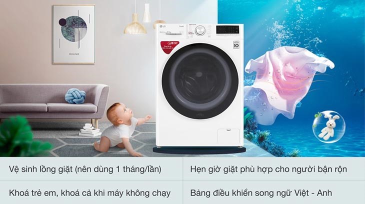Máy giặt LG Inverter 8.5 kg FV1408S4W trang bị tính năng khóa trẻ em, đảm bảo an toàn cho gia đình có trẻ nhỏ Máy giặt LG Inverter 8.5 kg FV1408S4W trang bị tính năng khóa trẻ em, đảm bảo an toàn cho gia đình có trẻ nhỏ