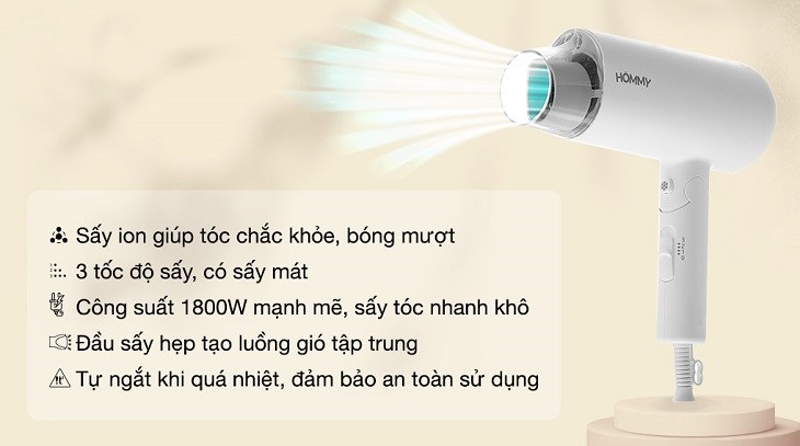 Máy sấy tóc 1800W Hommy PH6870 sở hữu 3 mức tốc độ sấy tóc khác nhau, giúp đáp ứng tối đa nhu cầu sử dụng của người dùng