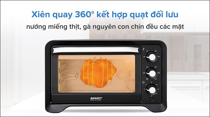 Lò nướng Sanaky VH259S2D 25 lít có khả năng làm chín đều gà nguyên con bằng cách nướng xiên quay 360 độ