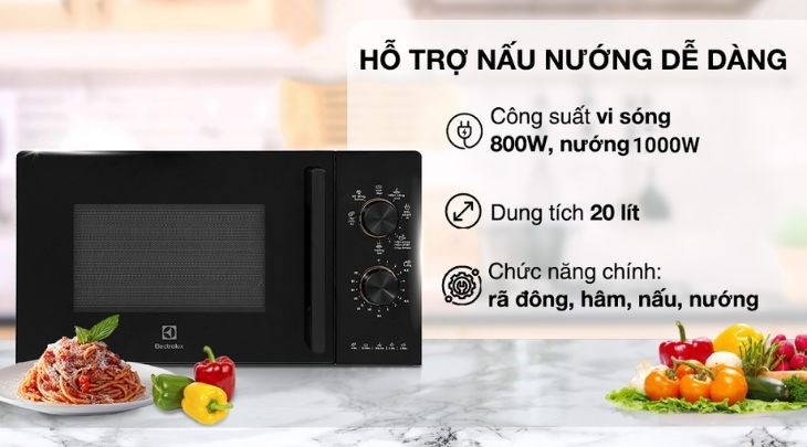 Lò vi sóng có nướng Electrolux EMG20K22B 20 lít có trang bị chức năng nướng tiện dụng nên bạn không cần phải mua thêm lò nướng mới