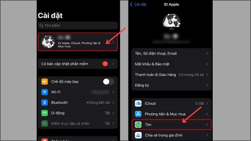 Vào Cài đặt > Chọn tài khoản Apple ID của bạn > Chọn Tìm 