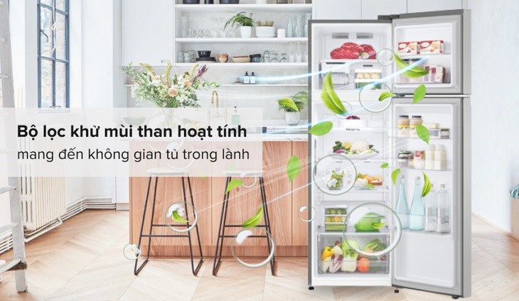 Tủ lạnh LG Inverter 266 Lít GV-B262WB trang bị bộ lọc than hoạt tính khử mùi hôi vượt trội và duy trì được độ tươi ngon thực phẩm tối ưu
