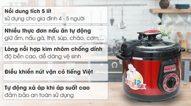 Nồi áp suất điện Sunhouse SHD-1552 5 lít sử dụng áp suất cao để làm chín cơm và thực phẩm