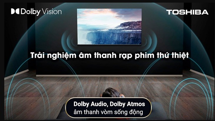 Google Tivi Toshiba 4K 65 inch 65C350LP trang bị công nghệ âm thanh Dobly Audio và Dolby Atmos cho chất lượng âm thanh mạnh mẽ, tràn ngập căn phòng