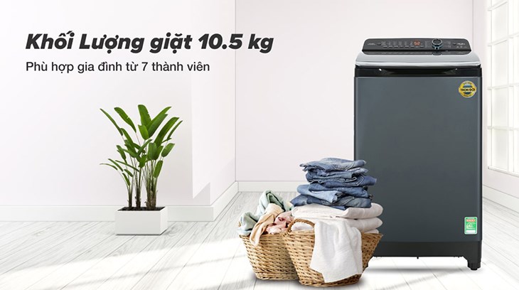 Máy giặt Aqua Inverter 10.5 kg AQW-DR105JT BK có khối lượng giặt 10.5 kg, phù hợp cho gia đình từ 7 thành viên