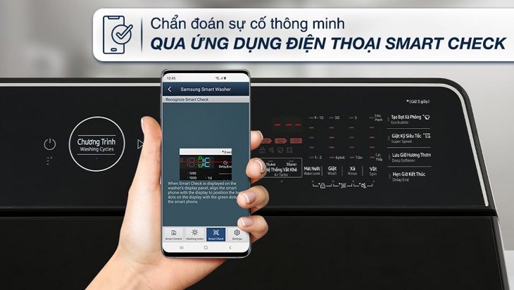 Sử dụng Smart Check được cài đặt trên điện thoại giúp bạn chuẩn đoán và khắc phục sự cố trên máy giặt Samsung Inverter 12 kg WA12CG5745BVSV một cách nhanh chóng
