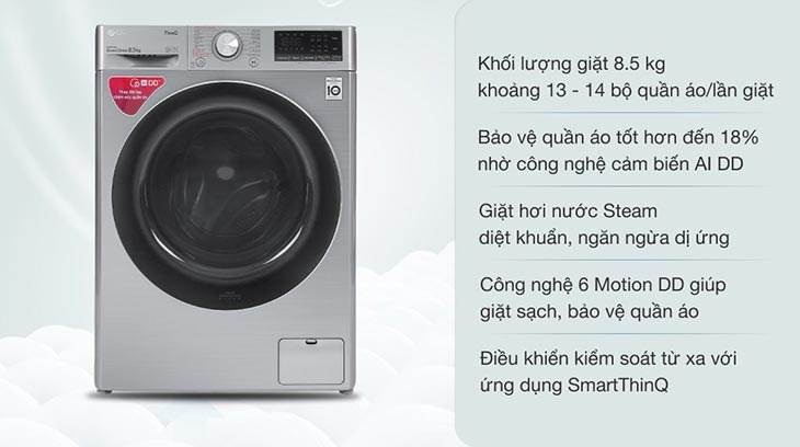 Máy giặt LG Inverter 8.5 kg FV1408S4V có giá 12.990.000 đồng (cập nhật tháng 05/2023, có thể thay đổi theo thời gian)