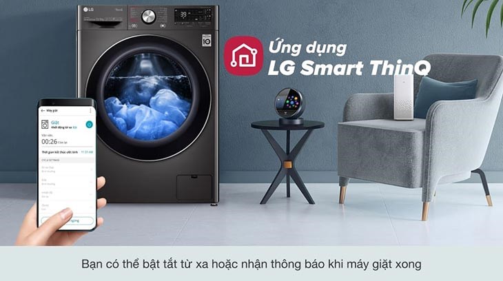 Máy giặt sấy LG Inverter 13 kg FV1413H3BA trang bị tính năng điều khiển từ xa bằng điện thoại qua ứng dụng LG SmartThinQ tiện dụng
