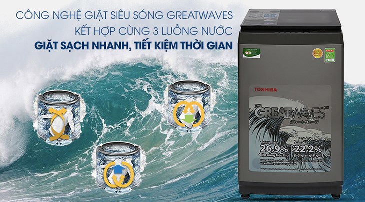 Máy giặt Toshiba 9 kg AW-K1005FV(SG) giặt sạch nhanh, tiết kiệm thời gian với công nghệ giặt Greatwaves kết hợp 3 luồng nước
