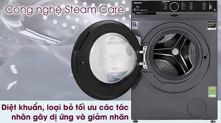 Máy giặt Toshiba Inverter 9.5 Kg TW-BK105G4V(MG) diệt khuẩn, loại bỏ tối ưu các tác nhân gây dị ứng và giảm nhăn nhờ công nghệ Steam Care