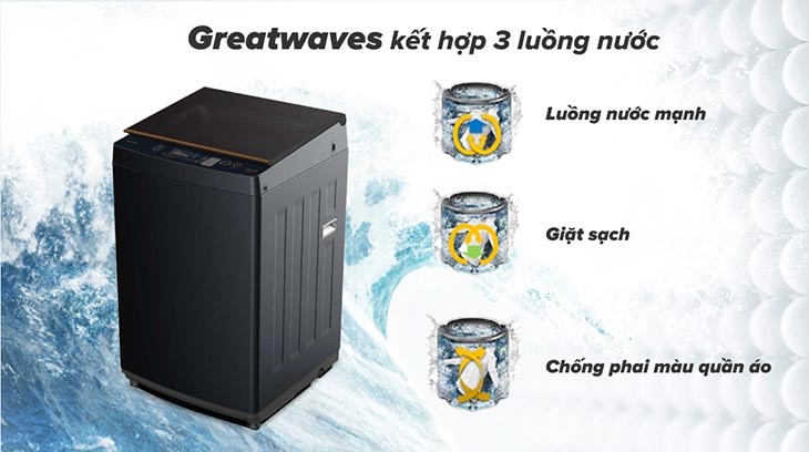 Máy giặt Toshiba Inverter 10 kg AW-DM1100PV(KK) trang bị công nghệ Greatwaves kết hợp 3 luồng nước xoay ngang 2 chiều, đập xuống, phun từ dưới lên giúp quần áo được giặt sạch hơn