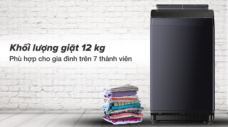 Máy giặt Toshiba Inverter 12 kg AW-DUM1300KV(MG) có khối lượng giặt tối đa 12 kg, đáp ứng nhu cầu giặt đồ của gia đình trên 7 thành viên 