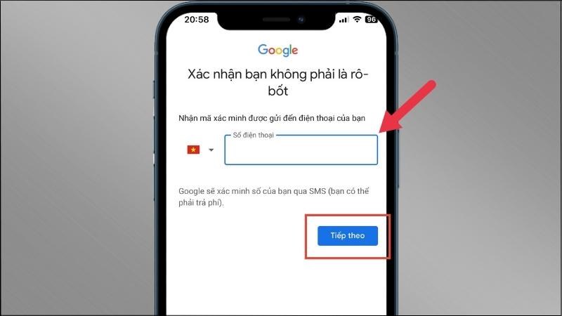 Nhập số điện thoại để xác nhận > Chọn Tiếp theo