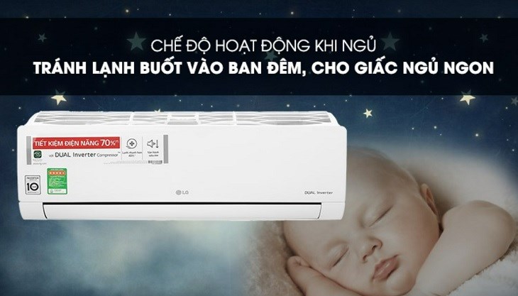 Chế độ ngủ đêm trên máylạnh LG Inverter 1.5 HP V13ENH1 mang lại sự thoải mái và tránh cảm giác lạnh buốt cho người dùng suốt đêm