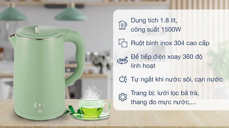 Bình đun siêu tốc Comet 1.8 lít CM8218 sử dụng đế tiếp điện Fada cho tuổi thọ khoảng 3000 lần đun sôi và có thể xoay được 360 độ, tiện lợi