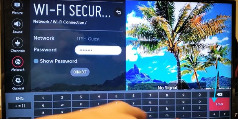Nhập mật khẩu của Wi-Fi vào ô thông tin hiển thị trên tivi và chọn Connect/Enter/Kết nối để hoàn thành