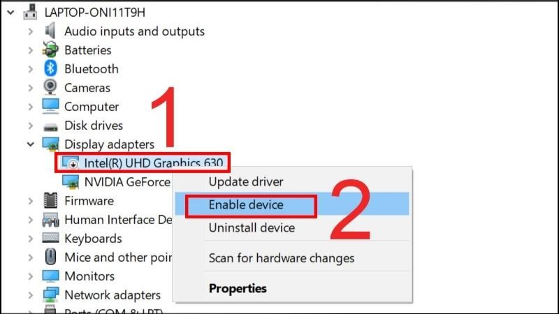 Bấm chuột phải vào adapter màn hình > Chọn Enable Device