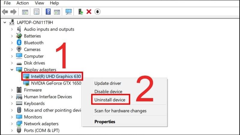 Bấm chuột phải vào adapter màn hình > Chọn Uninstall device