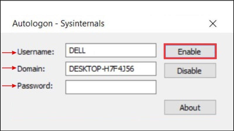 Nhập tài khoản người dùng, domain và mật khẩu > Nhấp chọn nút Enable