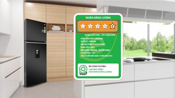 Nhãn năng lượng của tủ lạnh Samsung Inverter 406 lít RT42CG6584B1SV đạt chuẩn 5 sao, tương ứng khả năng tiết kiệm năng lượng tốt nhất