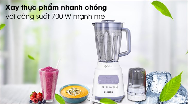 Máy xay sinh tố đa năng Philips HR2221/00 hoạt động với công suất 700W, giúp bạn xay mịn mọi nguyên liệu thật dễ dàng