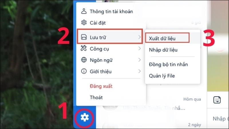 Vào Zalo > Nhấn vào biểu tượng bánh răng cưa > Chọn Lưu trữ > Chọn Xuất dữ liệu