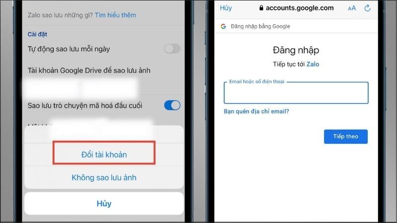 Nhấn vào Đổi tài khoản > Tiến hành đăng nhập Email mới 