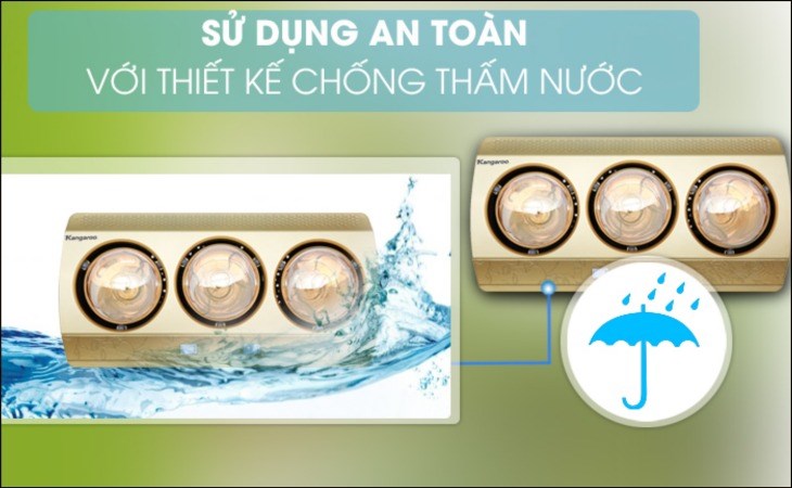 Đèn sưởi nhà tắm Kangaroo KG3BH01 825W có thiết kế chống thấm nước, phù hợp sử dụng trong môi trường có độ ẩm cao