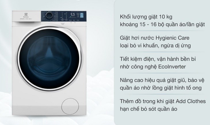 Máy giặt Electrolux Inverter 10 kg EWF1024P5WB sở hữu nhiều ưu điểm nổi bật phù hợp cho gia đình trên 7 người sử dụng
