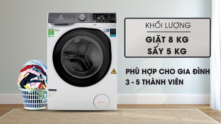 Máy giặt sấy Electrolux Inverter 8 kg EWW8023AEWA tích hợp giặt và sấy trên cùng một thiết bị thuận tiện cho việc sử dụng của hộ gia đình từ 3 - 5 người
