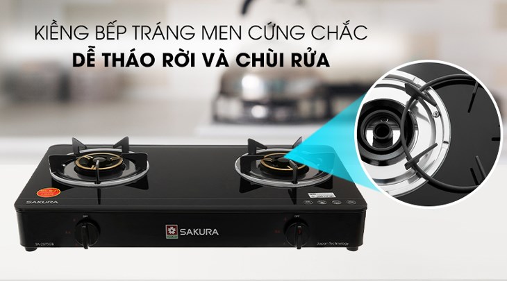 Bếp ga đôi Sakura SA-2375GB được trang bị kiềng bếp chắc chắn làm từ chất liệu thép tráng men dễ tháo rời để vệ sinh