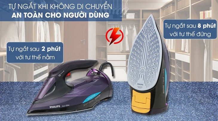 Bàn ủi hơi nước Philips Azur Elite (GC5039) 3000W được trang bị tính năng ngắt điện tự động khi không sử dụng, tránh các sự cố nguy hiểm do điện và nhiệt độ cao
