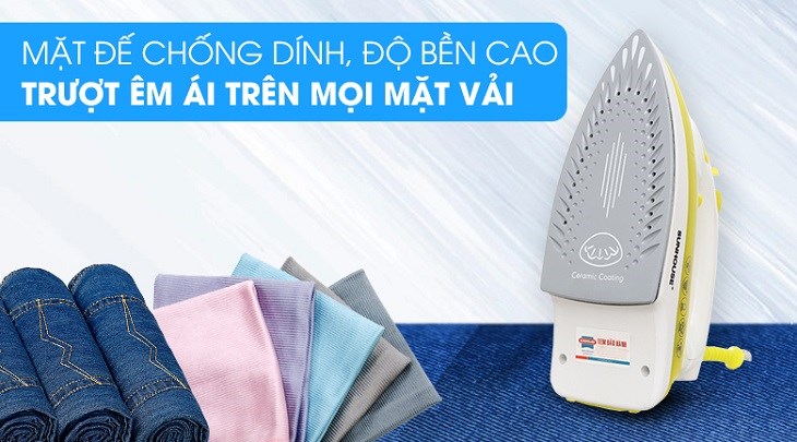 Bàn ủi hơi nước Sunhouse SHD2067 1800W có mặt đế Ceramic phủ chống dính bền bỉ, cho bàn ủi trượt nhẹ nhàng trên mặt vải