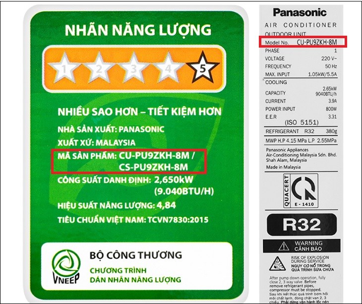 Kiểu máy của máy lạnh Panasonic Inverter 1 HP CU/CS-PU9ZKH-8M trên nhãn tem sản phẩm