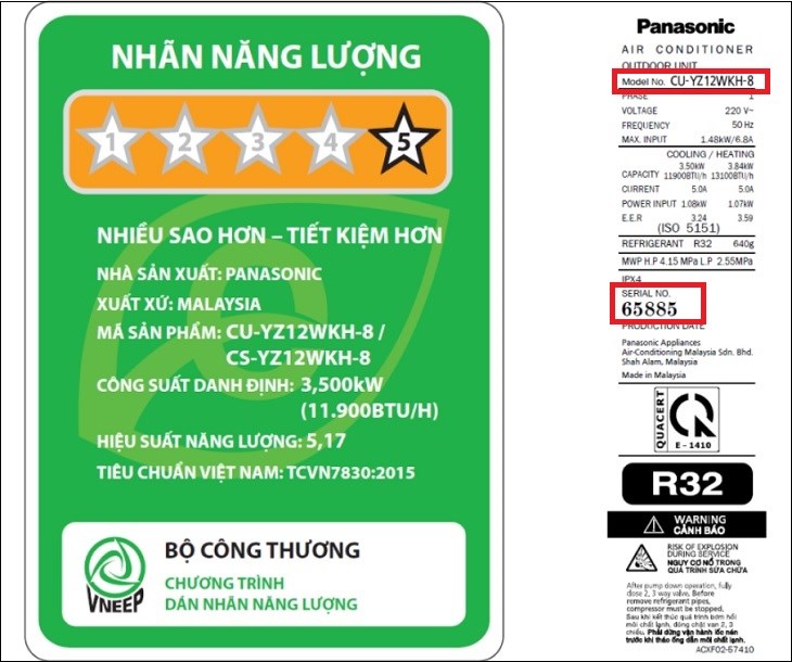 Kiểu máy và Số máy của máy lạnh 2 chiều Panasonic Inverter 1.5 HP CU/CS-YZ12WKH-8