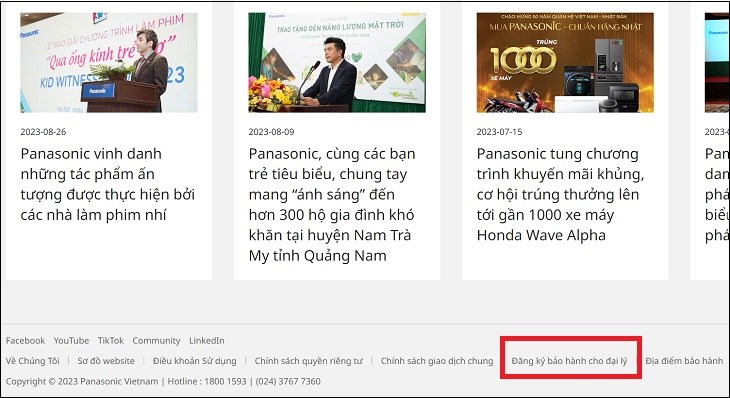 Nhấp chọn Đăng ký bảo hành cho đại lý nằm ở dưới trang web hãng