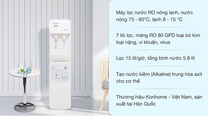 Máy lọc nước RO nóng lạnh Korihome WPK-903 7 lõi được trang bị 7 lõi lọc giúp loại bỏ kim loại nặng, vi khuẩn có trong nước