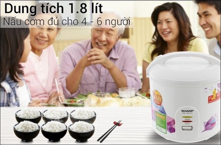 Nồi cơm điện Sharp 1.8 lít KS-18TJV có dung tích 1.8 lít, đủ cho gia đình từ 4 - 6 người 