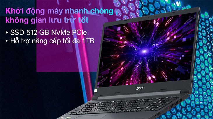 Laptop Acer Aspire 7 Gaming A715 42G R05G R5 trang bị SSD 512 GB giúp chạy đa nhiệm trơn tru, không gian lưu trữ đủ dùng và nâng cao tốc độ phản hồi
