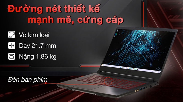 Laptop MSI Gaming GF63 Thin 11UC i7 trang bị đèn nền phím chuyển màu RGB cho phép người dùng điều chỉnh màu theo sở thích