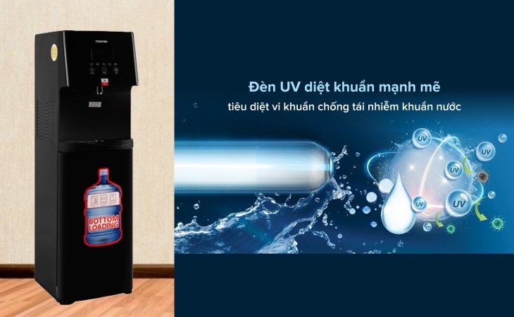 Cây nước nóng lạnh Toshiba RWF-W1830BV(K) 650W có đèn UV giúp tiêu diệt vi khuẩn, cho ra nguồn nước sạch