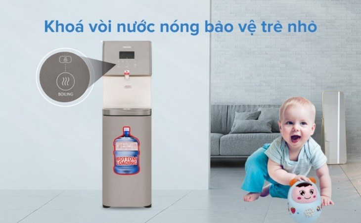 Cây nước nóng lạnh Toshiba RWF-W1830UVBV(T) 650W được trang bị khóa vòi nước nóng an toàn cho trẻ nhỏ