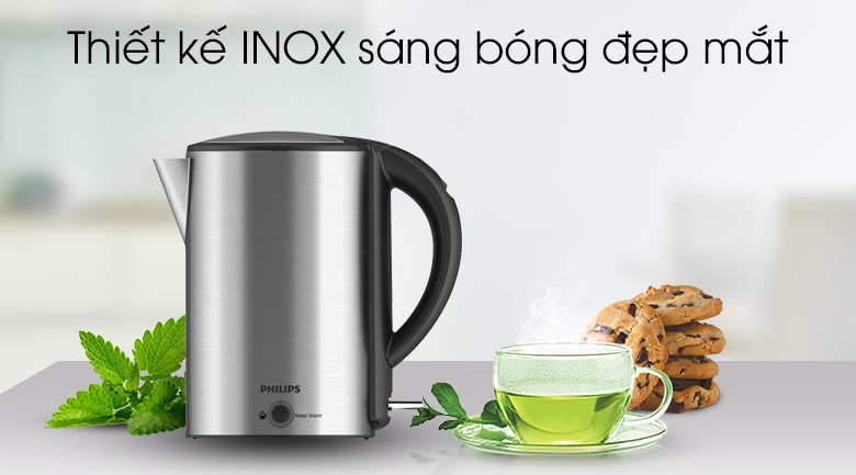Ấm đun siêu tốc giữ nhiệt Philips 1.7 lít HD9316 có thiết kế Inox cao cấp 304 sáng bóng, dễ vệ sinh  