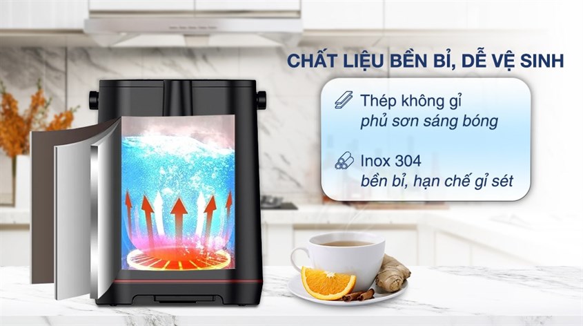 Bình thủy điện Sharp KP-40EBV-BK 4 lít có vỏ bình bằng thép không gỉ phủ sơn sáng bóng, hạn chế gỉ sét