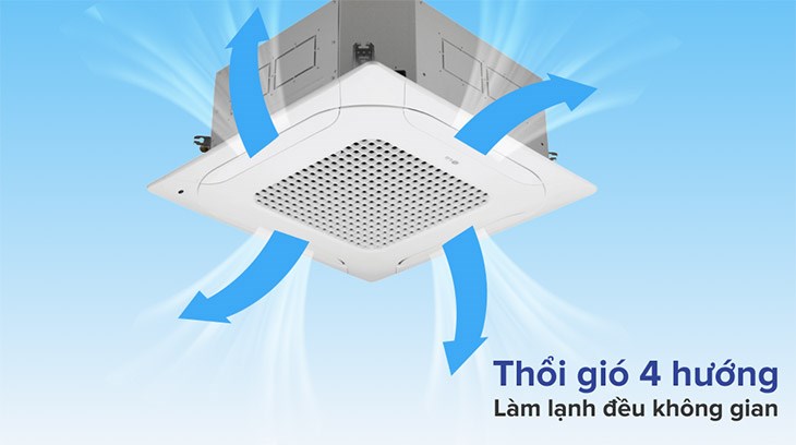 Điều hòa âm trần LG Inverter 5 HP ZTNQ48GMLA0 có thiết kế 4 họng gió thổi theo 4 hướng khác nhau, hơi lạnh được lan tỏa nhanh chóng 