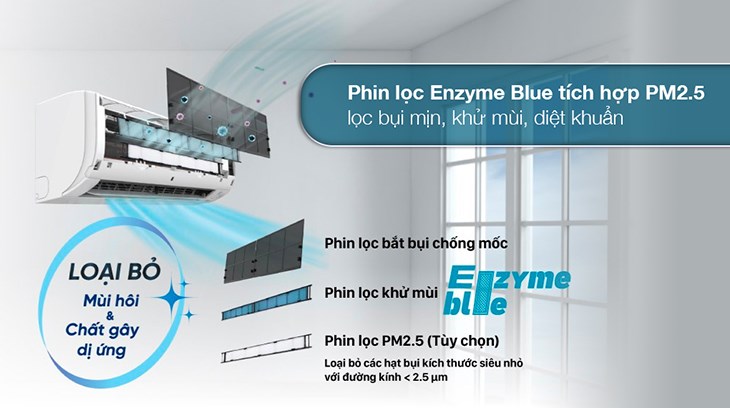 Máy lạnh Daikin Inverter 1 HP FTKY25WMVMV sử dụng phin lọc khử mùi Enzyme Blue kết hợp PM2.5 có tác dụng lọc bụi, vi khuẩn
