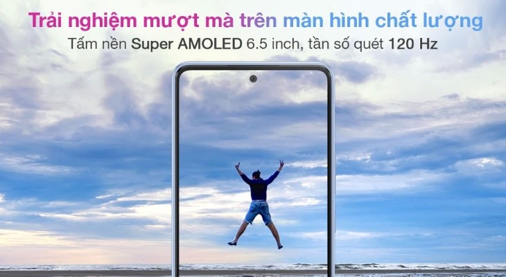 Điện thoại Samsung Galaxy A53 5G 128GB sở hữu màn hình Super AMOLED mang lại độ tương phản và sắc nét cao