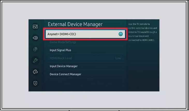 Chọn Anynet (HDMI-CEC) trong menu Trình quản lý thiết bị bên ngoài và nhấn bật
