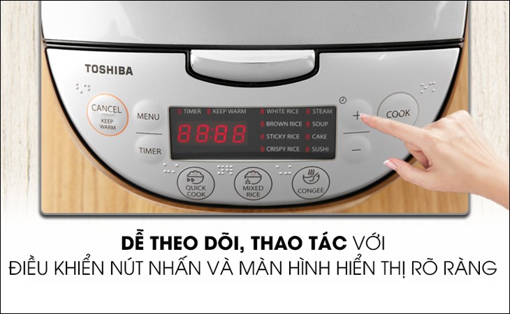 Nồi cơm điện tử Toshiba 1.8 lít RC-18DR2PV(K) cho phép bạn thực hiện các thao tác điều khiển nồi dễ dàng hơn với bảng điều khiển nút nhấn cùng màn hình hiển thị sắc nét